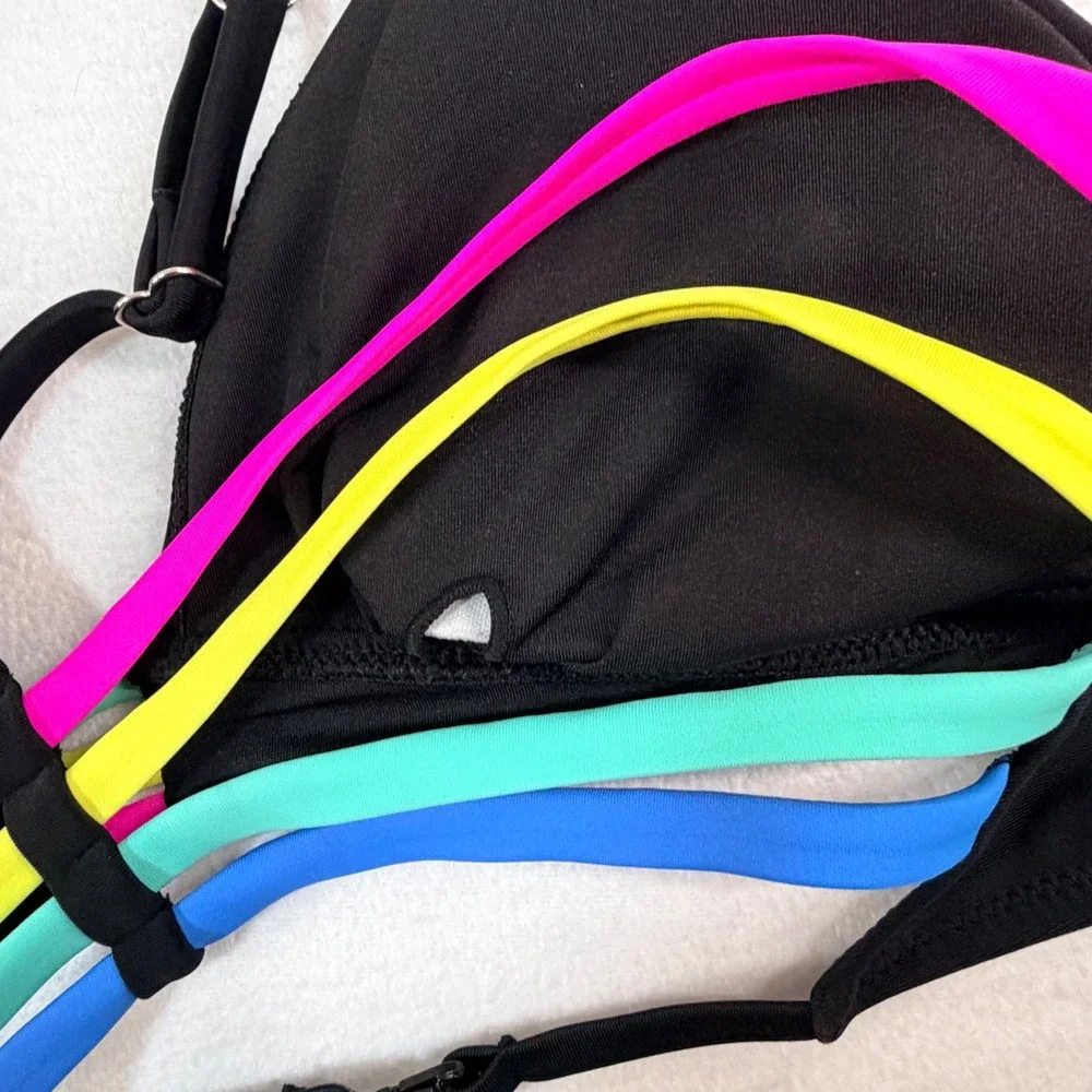 Popvil Womens Bikini Top XL Black Rainbow Strappy Triangle Padded Swimwear